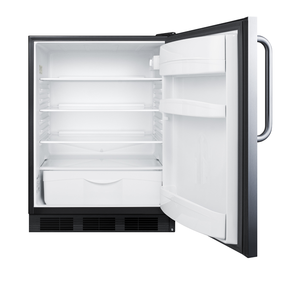 ADA compliant all-refrigerator for built-in general purpose use, auto defrost w/stainless steel wrapped door, towel bar handle, and black cabinet